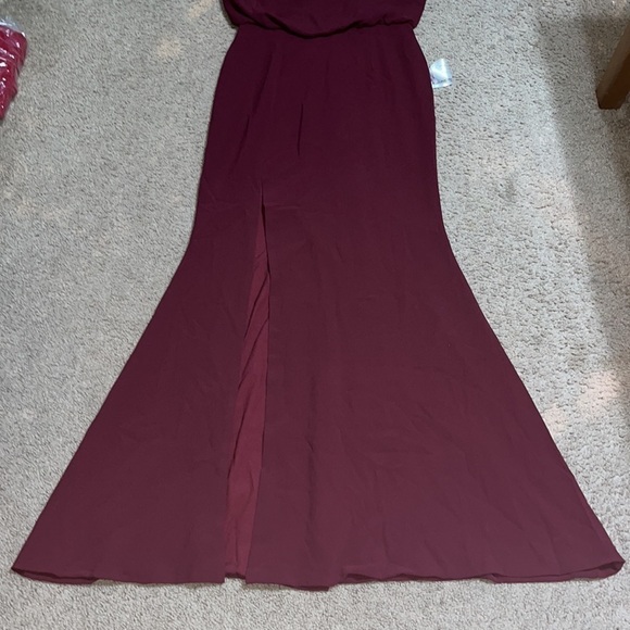 Dress the Population Gracelyn Blouson Jersey Maxi Gown Thigh High Slit Burgundy - Picture 8 of 14